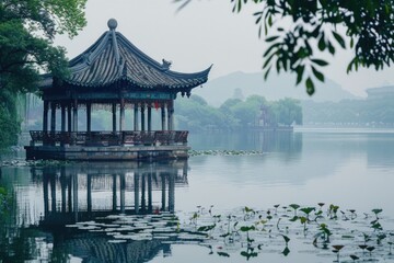 Fototapeta premium Gazebo sits peacefully on the surface of a serene lake, surrounded by lush greenery