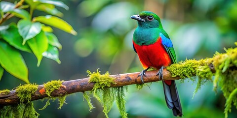Fototapeta premium Captivating Mina Bird Perched on a Branch in a Lush Green Environment Under Clear Blue Sky
