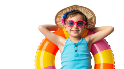 Happy little boy wearing summer clothes with inflatable swimming circle on transparent and white background, cut out png