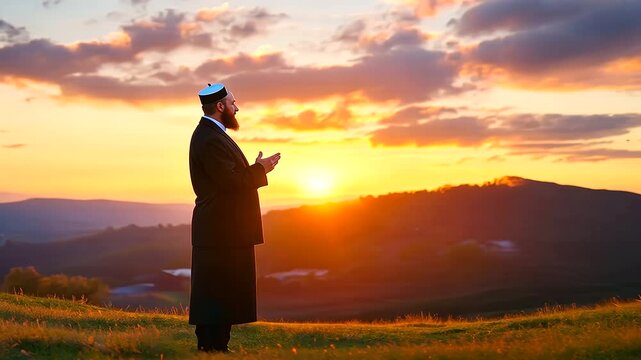 In an outdoor setting, a rabbi stands on a hill overlooking a community, blowing the shofar at sunrise to mark the beginning of Rosh Hashanah