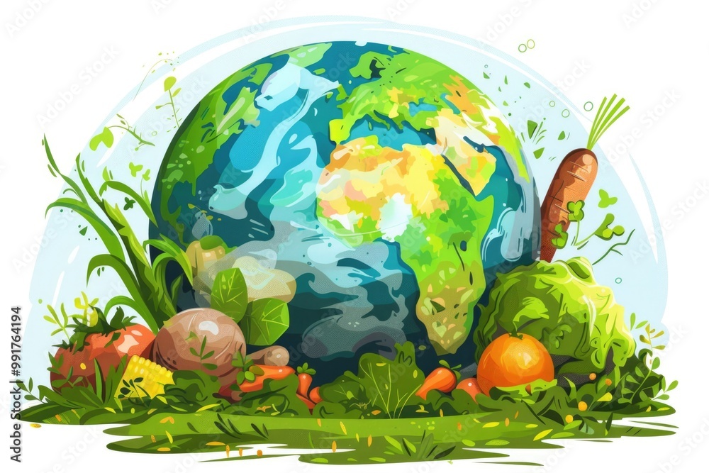 Poster a globe surrounded by plants and vegetables, perfect for use in educational or environmental setting