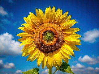 Obraz premium Cheerful Cartoon Sunflower with Bright Yellow Petals and Smiling Face on a Clear Blue Background