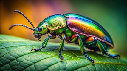 Fototapeta premium Close-up of a Khepri Beetle on a Leaf with Vibrant Green Background in Natural Habitat Setting