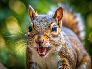 Fototapeta premium Close-up of a rabid squirrel showing aggressive behavior in a natural outdoor setting
