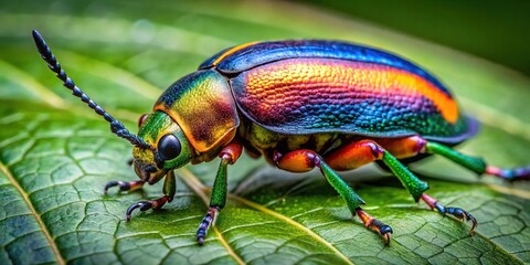 Fototapeta premium Close-up of Elateridae Beetle on Green Leaf in Natural Habitat, Capturing Intricate Details and Colors