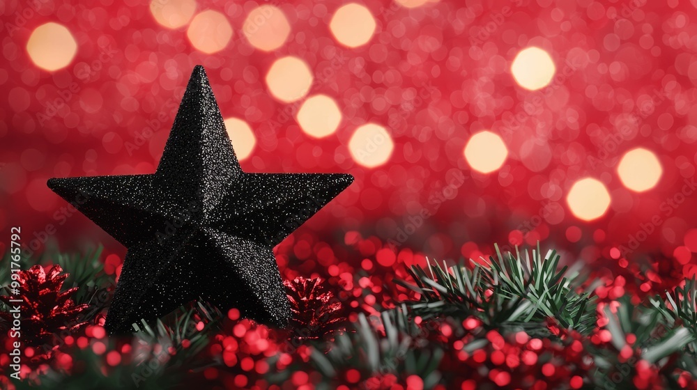 Wall mural a black glittery star sits among festive decorations, with a backdrop of sparkling red bokeh lights.