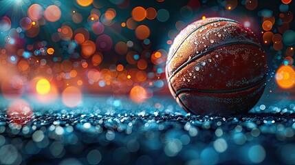 a close-up of a basketball covered in water droplets, lying on a wet surface with vibrant, colorful bokeh lights in the background, creating a dynamic and energetic atmosphere.