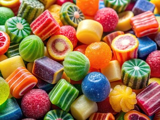 Fototapeta premium Colorful assortment of chewy candy pieces in various vibrant hues on a bright background surface