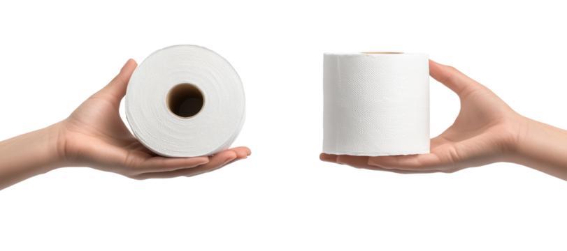 Two hands hold two rolls of toilet paper lying down and standing up. Transparent background