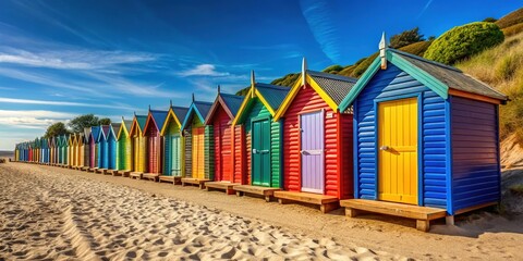 Naklejka premium Colorful Beach Huts Lined Up Along a Sandy Shore Under a Clear Blue Sky on a Sunny Day