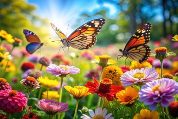 Obraz premium Colorful Butterflies Flitting Over Vibrant Flowers in a Sunlit Garden During Springtime Blooming
