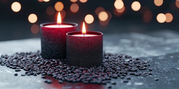 Two glowing candles on a dark surface, surrounded by black stones, with soft bokeh lights in the background, creating a warm and cozy atmosphere.