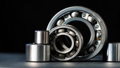 Close up shot of roller bearings set against a black backdrop purposely left empty to spark 