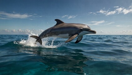 Playful dolphin jumping in sparkling ocean waters.
