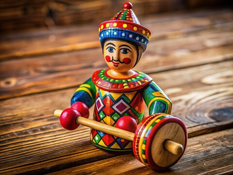 Colorful traditional balero toy on a wooden surface, showcasing its vibrant design and craftsmanship