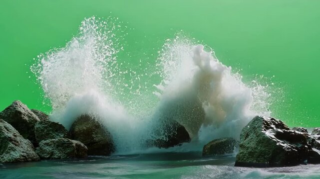 Powerful water splashing and crashing on rocks with a green screen chroma key background, perfect for compositing into your next project