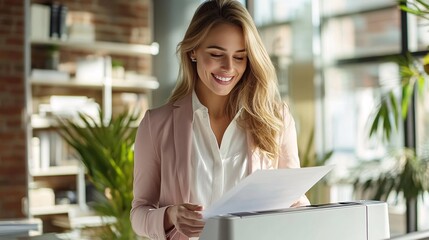 Smiling Businesswoman Reviewing Documents at Office Printer, Efficient Workflow, Generative AI