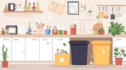 Naklejka premium Modern Kitchen Clutter: Stylish Flat Vector Trash Bin Design in Vibrant Colors on Light Background