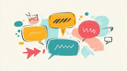 Whimsical Hand-Drawn Arrows and Speech Bubbles in Minimalist 2D Vector Illustration on Pastel Background