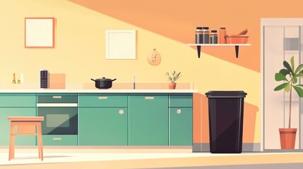 Modern Kitchen Aesthetics: Chic Vector Art of Full Trash Bin in Sleek Setting