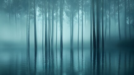 Fototapeta premium A series of thin, vertical lines representing a forest, with an ethereal mist enveloping the scene, creating mystery