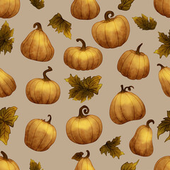 Seamless pattern with pumpkins. Hand drawn template. Can be used as print, background, wallpaper, for fabric, textile, etc.