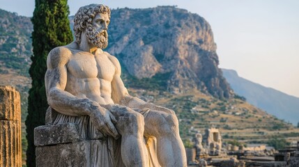 Fototapeta premium Statue of Greek philosopher Socrates in ancient Greece with city ruins and mountains at the background