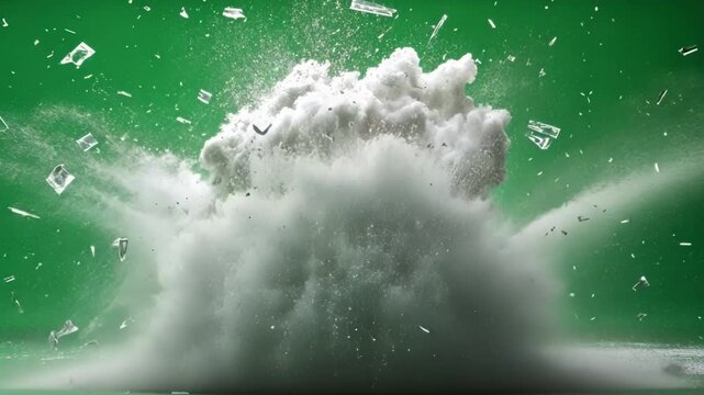 Chroma key footage of a big white powder explosion creating a dense cloud on green screen background, perfect for compositing in your projects