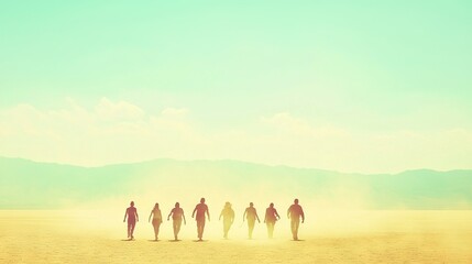 Fototapeta premium A group of people in the middle of a desert with surfboards in the foreground and mountains in the background