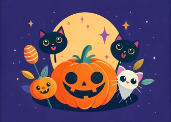 Halloween banner. Halloween vibes, cute cats pets and craved pumpkins at blue background. Cute cartoon kids illustration.