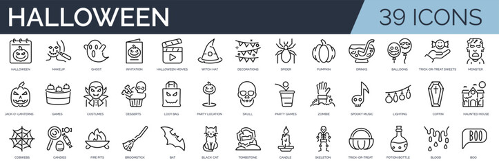 Set of 39 outline icons related to halloween. Linear icon collection. Editable stroke. Vector illustration