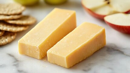   Two slices of cheese near a cluster of crackers and an apple on a white stone surface