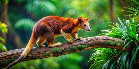 Fototapeta premium Endearing Tree-Kangaroo Climbing on Branch in Lush Green Rainforest Habitat of Australia