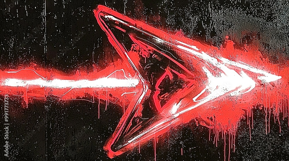 Poster   A red and white arrow painted on a black canvas with splattered red and white paint