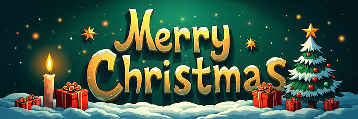 Festive Christmas greeting card with the words Merry Christmas prominently displayed, along with a lit candle and a small Christmas tree.