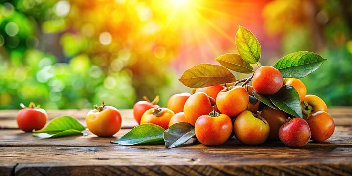 Freshly picked nispero fruit on a wooden table with green leaves and natural sunlight background