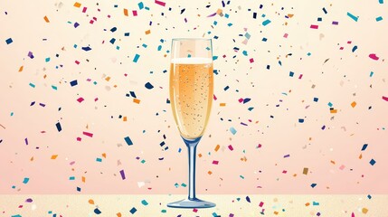 Festive Champagne Flute with Bubbles on Confetti-Covered Table - Vibrant Vector Illustration for Celebratory Designs