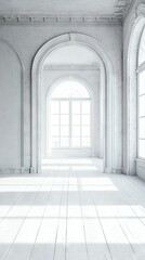Fototapeta premium An empty, white room features arched windows and a central bench