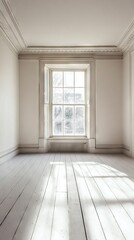  An empty room features a large window, a central radiator, and a wooden floor