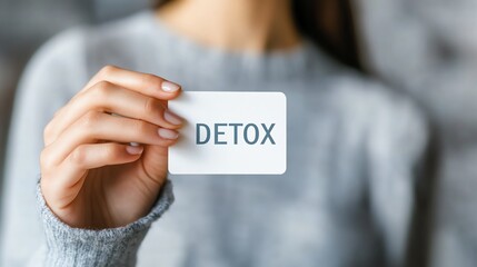 Close-up of a person holding a card with the word 'DETOX' written on it, promoting health, wellness, and a clean lifestyle.