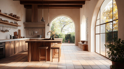 Beautiful organic spanish modern revival kitchen interior with arched walkways sustainable furniture slow living made with generative ai. Tudor Architecture. Illustration