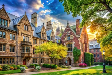 Historic Yale University Campus in New Haven, Connecticut with Beautiful Architecture and Greenery