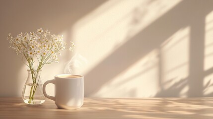   A cup of coffee beside a vase with flowers and a wooden table, casting shadows on the wall behind