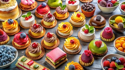 Indulgent Assortment of Colorful Desserts Showcasing Cakes, Pastries, and Sweet Treats on Plates