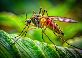 Intricate Close-Up of a Mosquito on a Leaf Showcasing Fine Details of Wings and Body Structure