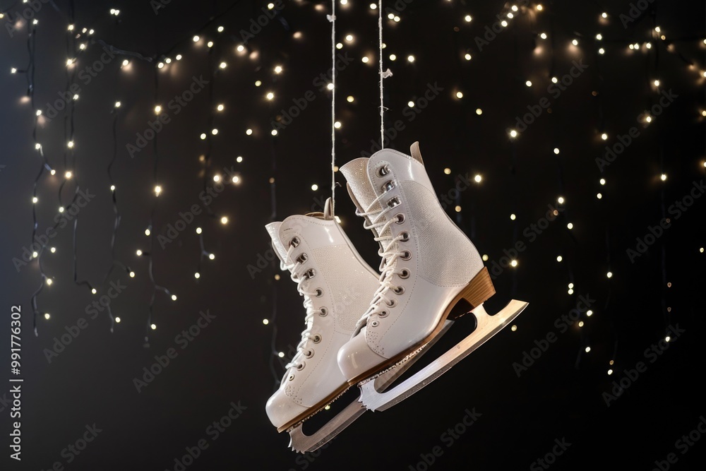 Sticker A pair of ice skates hung on a string, ready for use