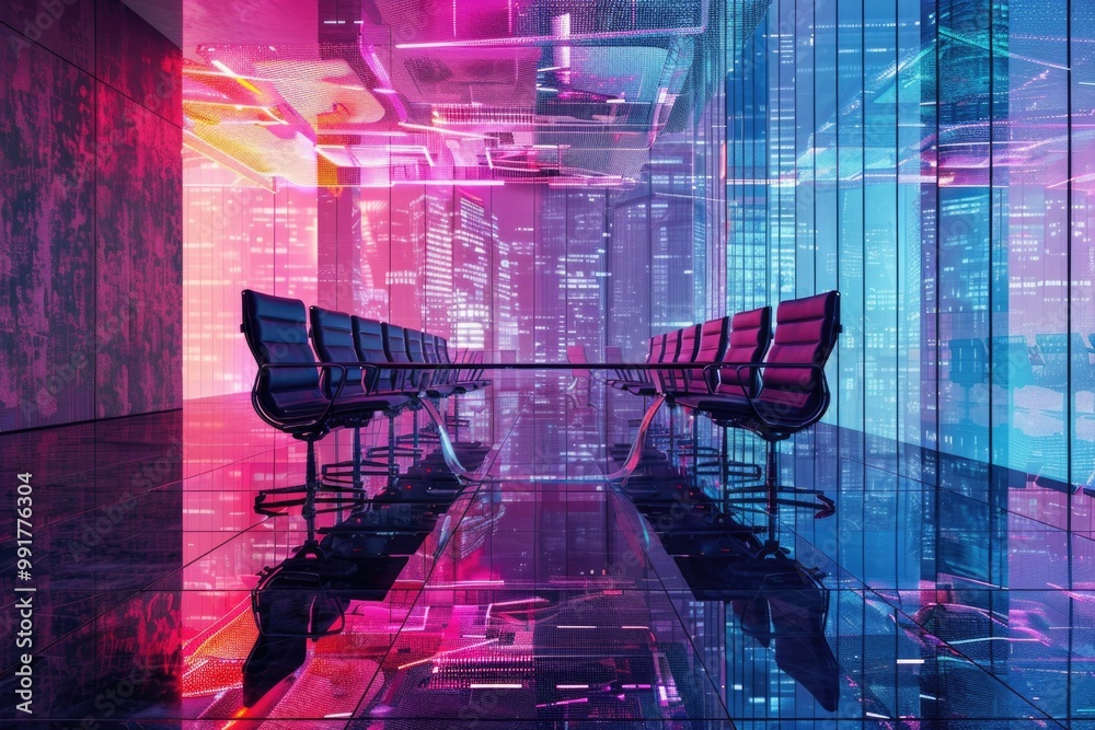 Poster office space with chairs and desk, featuring a cityscape in the background