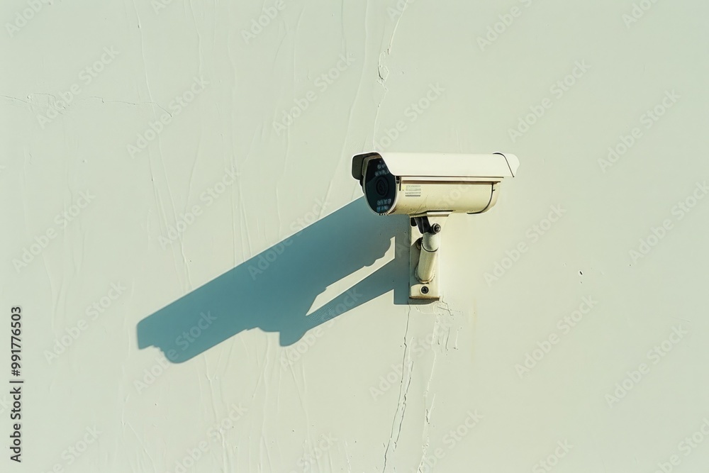 Poster A security camera mounted on the side of a building for surveillance and monitoring