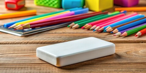 Large white eraser on a wooden desk with school supplies in a bright and organized workspace