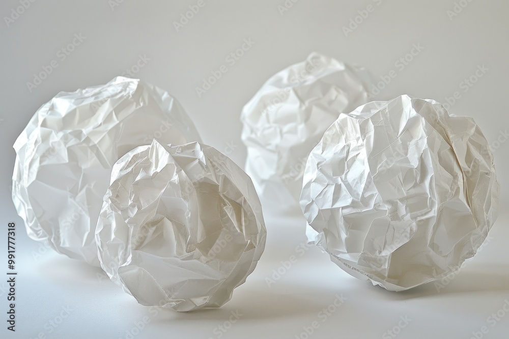 Poster a collection of crumpled paper balls sits atop a table, offering a creative and messy scene